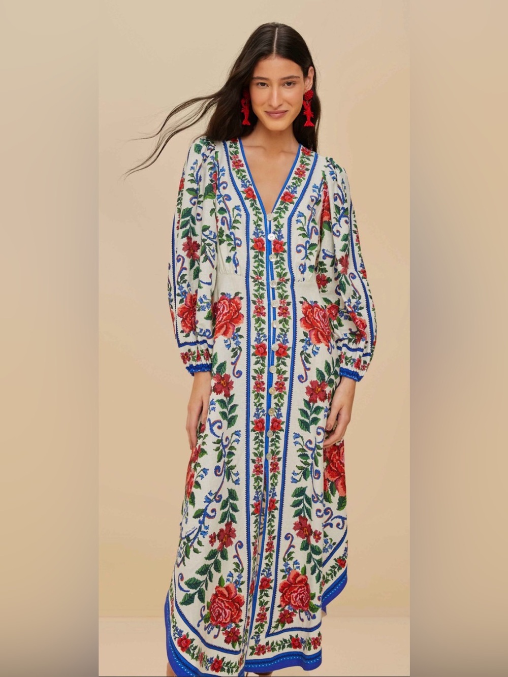FARM Rio White Maxi Dress with Red & Blue Floral Embroidery. Brand New!!!